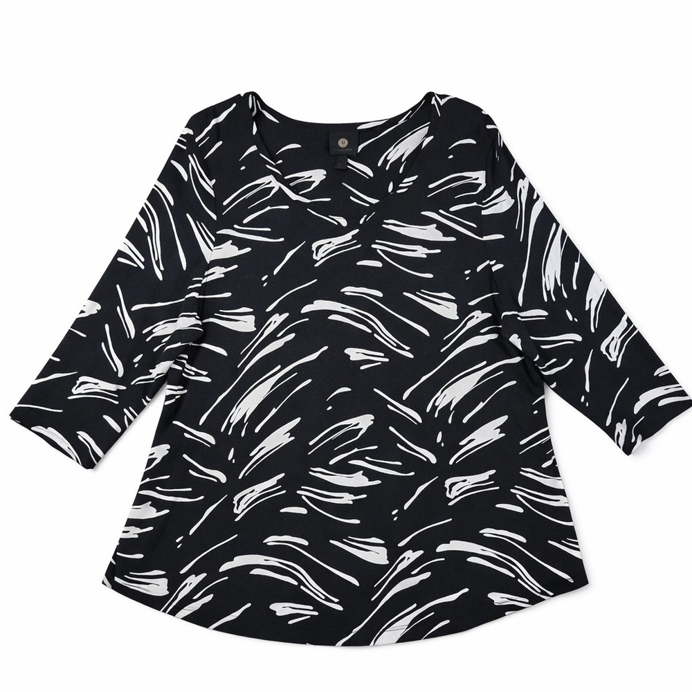 JM Collection Womens Black Abstract Print Tunic Top Size L Rayon 3/4 Sleeve